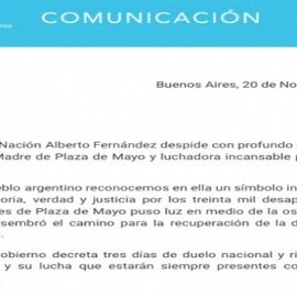 El Gobierno nacional decretó tres días de duelo por la muerte de Hebe de Bonafini